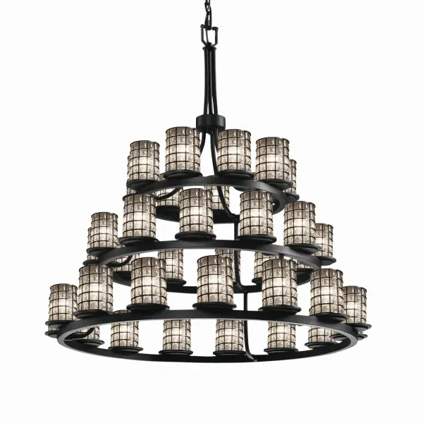 Collection: Wire Glass Finish: Matte Black Glass: Wire Cage w/ Blown Glass Width: 42.00" Height: 42.00" Chain: 6` Wire: 10` Canopy: 1" H x 5.25" Dia. Number of Bulbs: 36 Maximum Wattage: 40.00 W Safety Listing: Damp Safety Rating: Damp