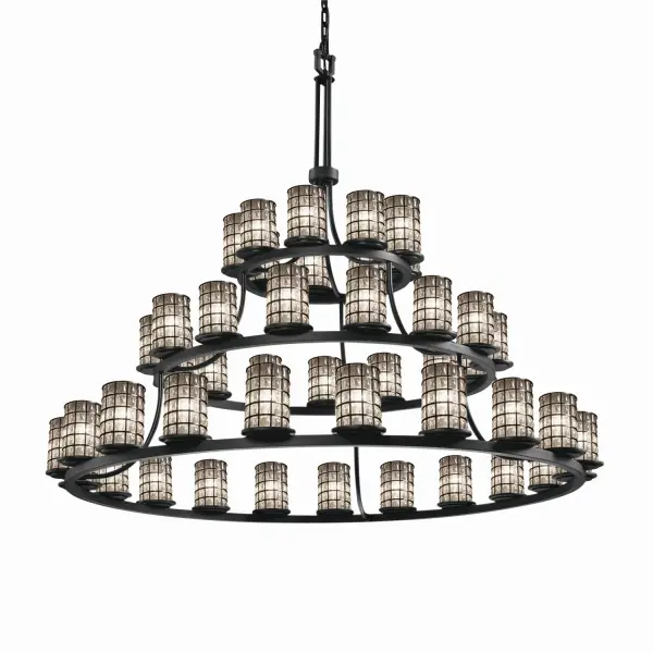 Collection: Wire Glass Finish: Matte Black Glass: Wire Cage w/ Blown Glass Width: 60.00" Height: 54.00" Chain: 6` Wire: 10` Canopy: 1" H x 5.25" Dia. Number of Bulbs: 45 Maximum Wattage: 40.00 W Bulb Type: G16 1/2 Safety Listing: Damp Safety Rating: Damp