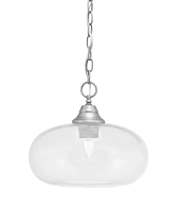 Brushed Nickel Chain Hung Pendant with Clear Bubble Glass - Image 1