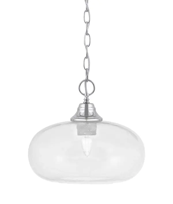 This versatile chain-hung pendant combines a sleek chrome finish with unique bubble-textured glass that creates engaging light patterns. At 13 inches wide, it's perfectly sized for kitchen islands, dining nooks, or bedroom accents.
