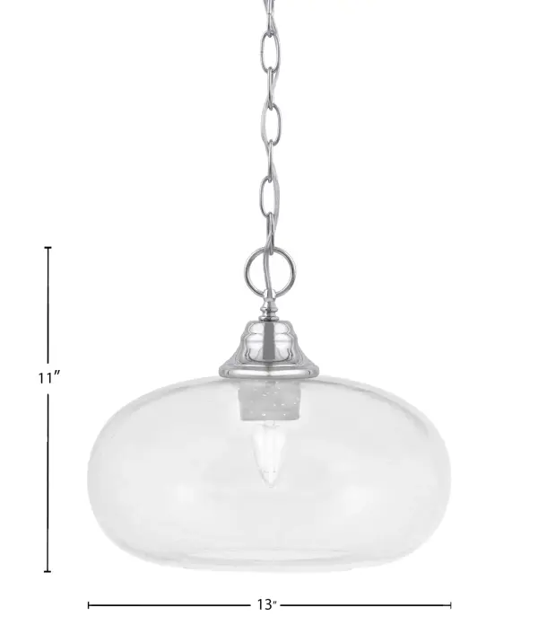 This versatile chain-hung pendant combines a sleek chrome finish with unique bubble-textured glass that creates engaging light patterns. At 13 inches wide, it's perfectly sized for kitchen islands, dining nooks, or bedroom accents. - alternate view