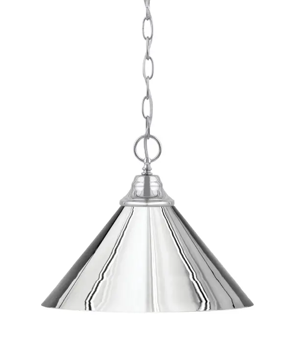 This chain-hung pendant combines industrial style with contemporary polish. The 14-inch chrome cone shade directs light downward for task-focused illumination, while the high-shine finish adds modern sophistication.