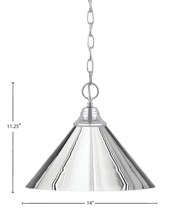 This chain-hung pendant combines industrial style with contemporary polish. The 14-inch chrome cone shade directs light downward for task-focused illumination, while the high-shine finish adds modern sophistication. - alternate view