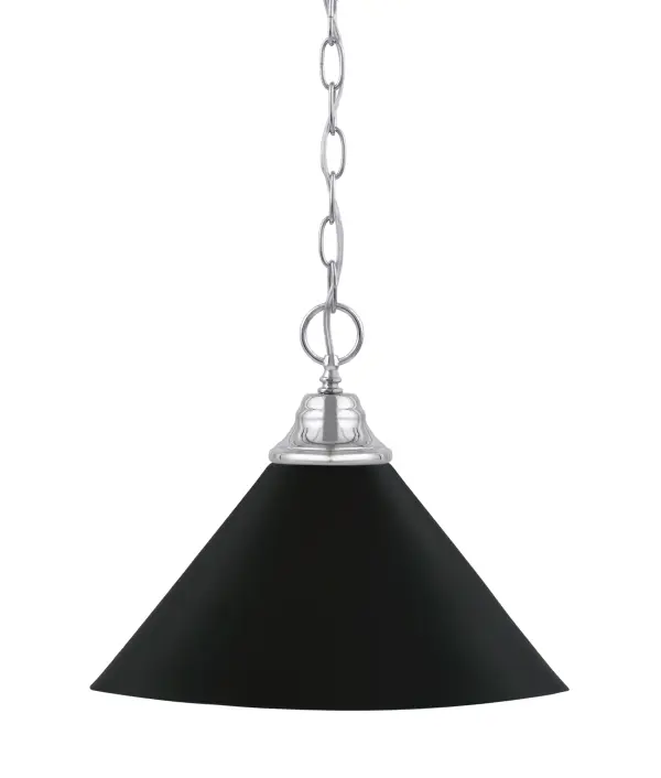This chain hung pendant combines sleek chrome hardware with a dramatic 14" matte black cone shade for a striking industrial-modern look. The adjustable chain allows customization from 13.75" to over 11 feet, making it versatile for various ceiling heights. Perfect for task lighting over islands or tables.