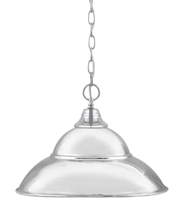 This chain-hung pendant features a unique 16-inch double bubble metal shade in polished chrome, creating dynamic visual interest while providing focused task lighting. The adjustable chain allows for versatile installation heights.