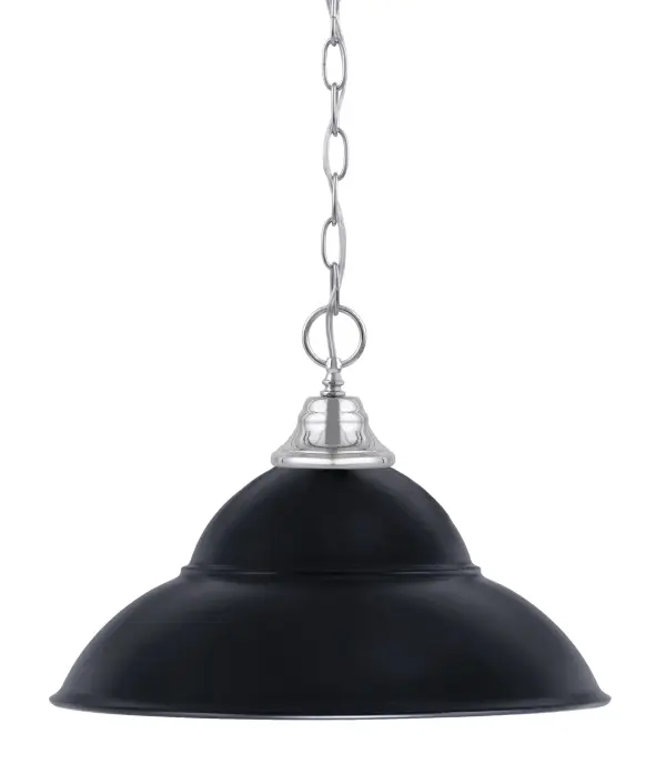 This chain hung pendant combines sleek chrome hardware with a dramatic 16-inch matte black double bubble metal shade. The unique layered design creates visual depth while the adjustable chain allows perfect customization for any space.
