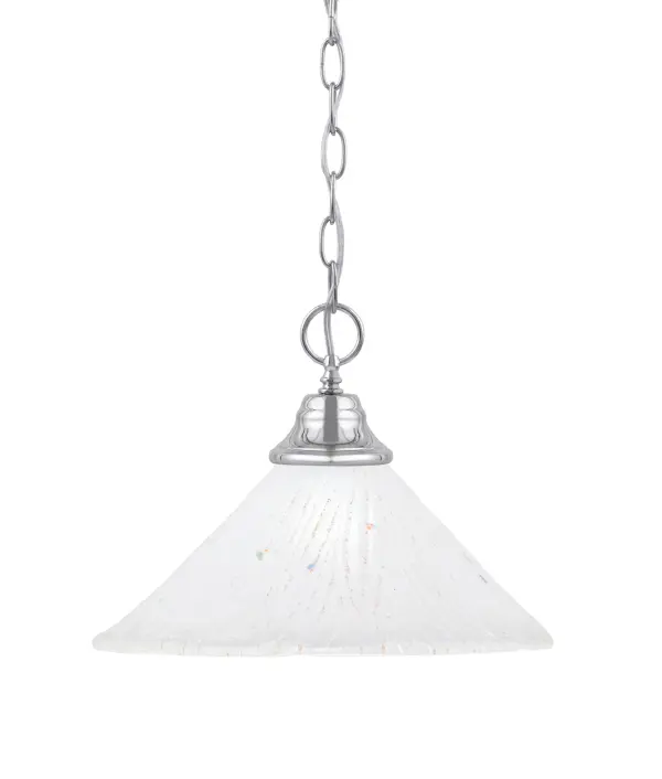 This 12-inch chain hung pendant combines timeless chrome finish with sophisticated frosted crystal glass, creating soft, ambient lighting perfect for intimate spaces. The adjustable chain allows customization from 12 to 132 inches.