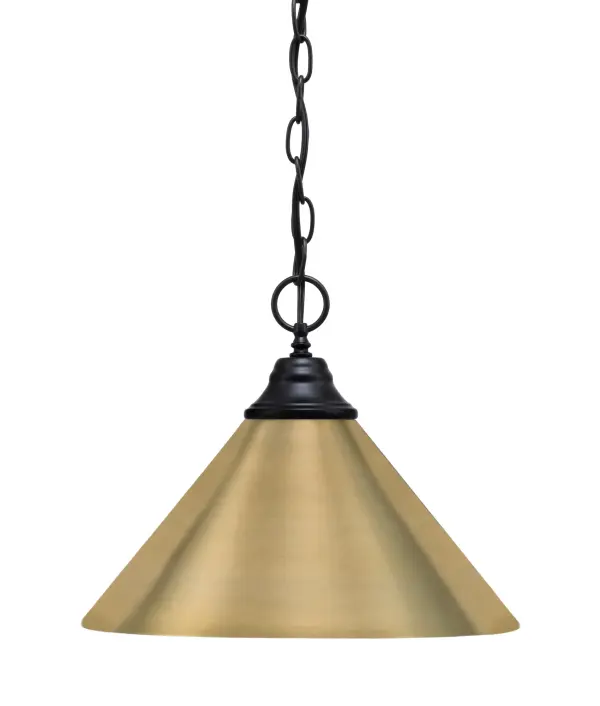 This chain hung pendant combines contemporary industrial design with sophisticated brass detailing. The 14-inch cone shade creates focused downlight perfect for task areas, while the matte black and brass contrast adds visual interest.