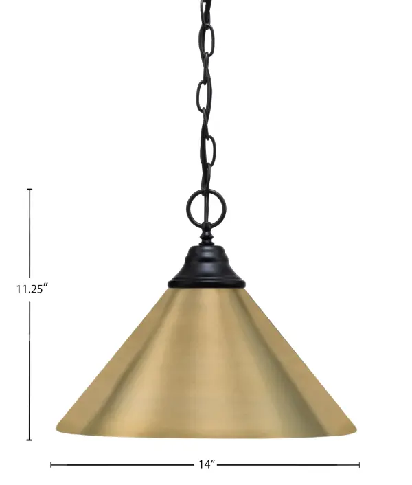 This chain hung pendant combines contemporary industrial design with sophisticated brass detailing. The 14-inch cone shade creates focused downlight perfect for task areas, while the matte black and brass contrast adds visual interest. - alternate view