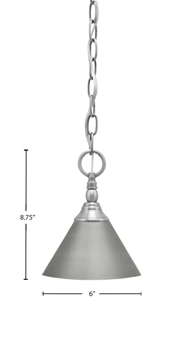 This sleek mini pendant combines modern industrial styling with practical functionality. The 7-inch brushed nickel cone shade delivers focused task lighting while the adjustable chain allows customization for various ceiling heights. - alternate view