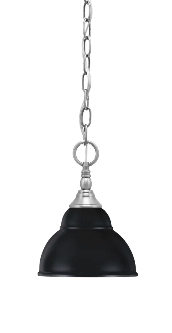 This versatile mini pendant combines brushed nickel hardware with a striking matte black double bubble metal shade. At just 7" wide, it's perfect for tight spaces or grouped installations over kitchen islands and dining areas.