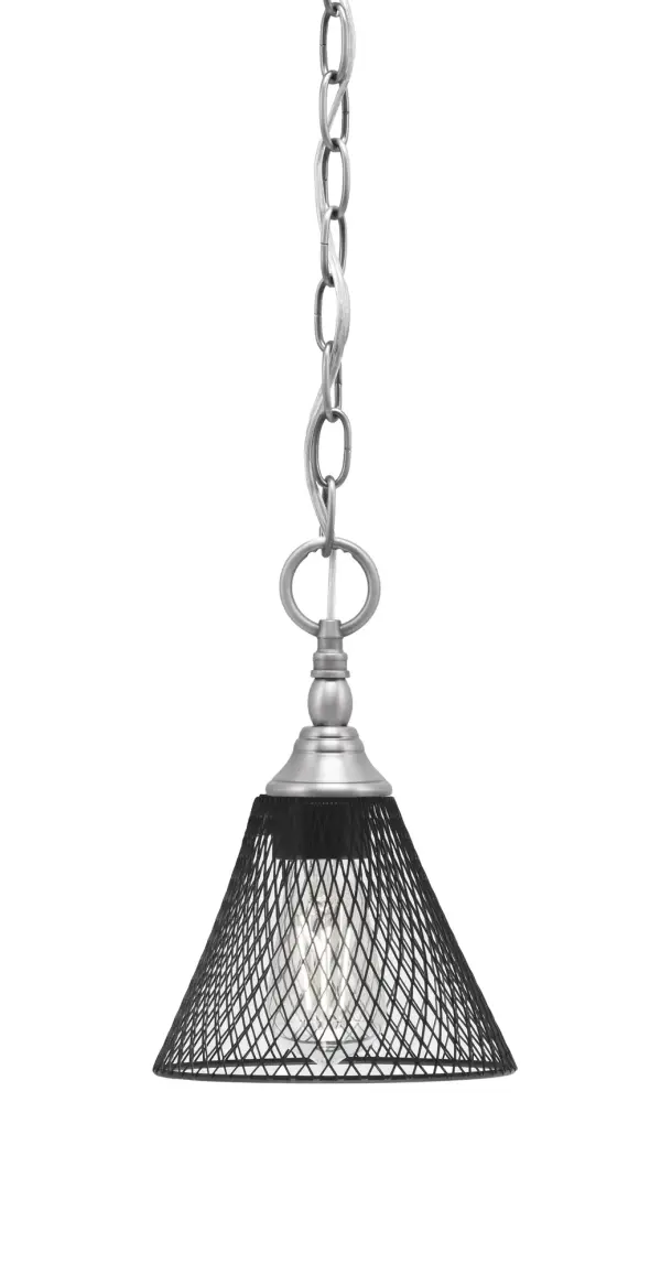 Brushed Nickel Mini Pendant with Matte Black Mesh Shade - Image 1