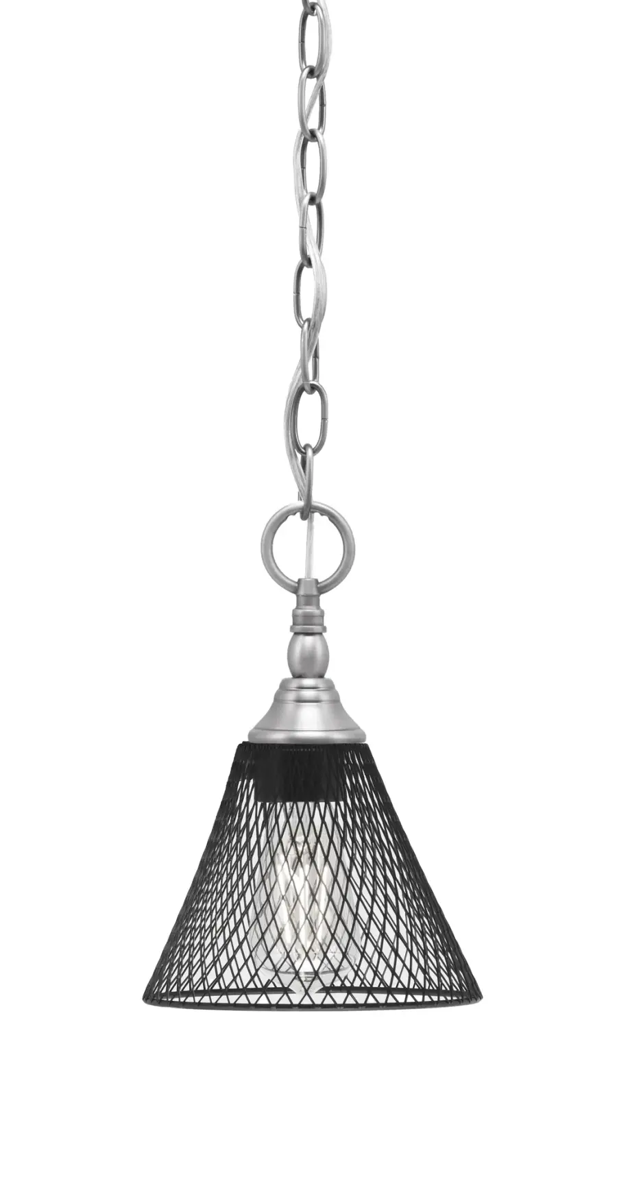 Brushed Nickel Mini Pendant with Matte Black Mesh Shade - Image 1
