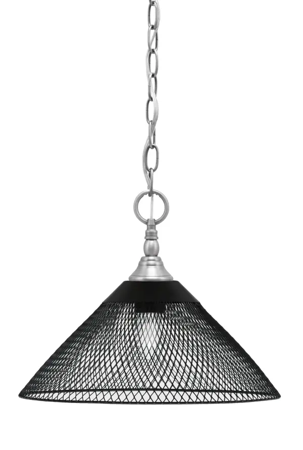 Brushed Nickel Mini Pendant with Matte Black Cone Mesh Shade - Image 1