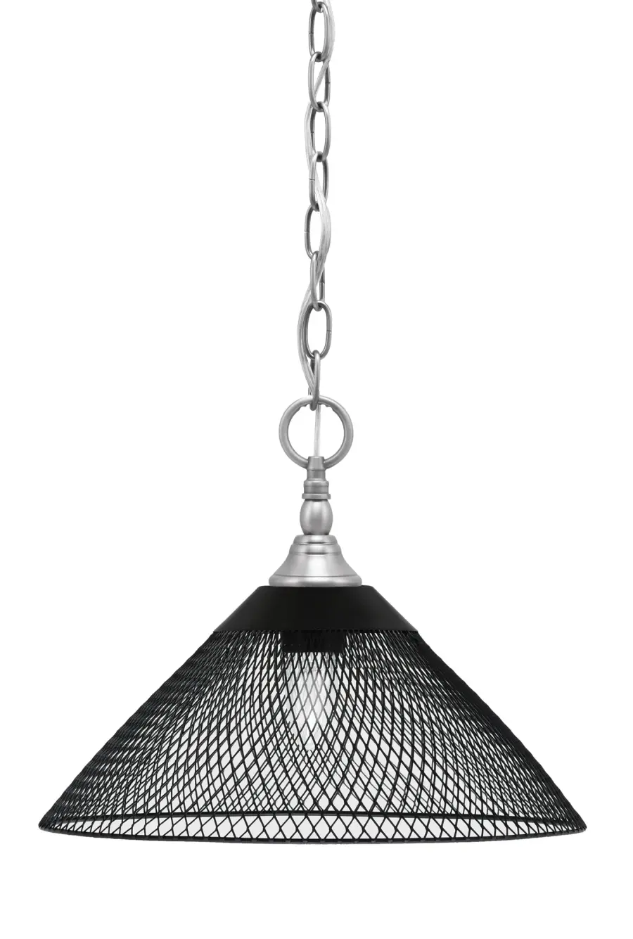 Brushed Nickel Mini Pendant with Matte Black Cone Mesh Shade - Image 1