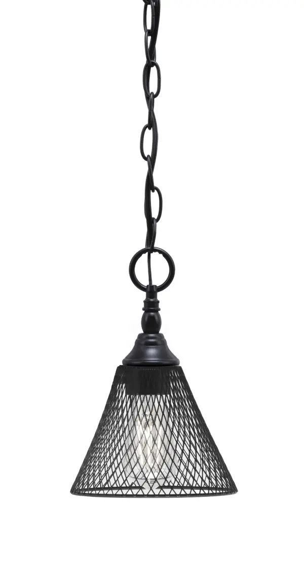 Toltec Lighting Chain Hung Mini Pendant with Matte Black Cone Mesh Shade - Image 1