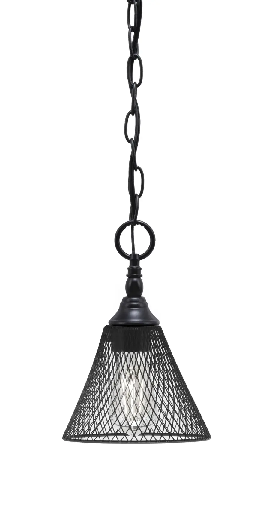 Toltec Lighting Chain Hung Mini Pendant with Matte Black Cone Mesh Shade - Image 1