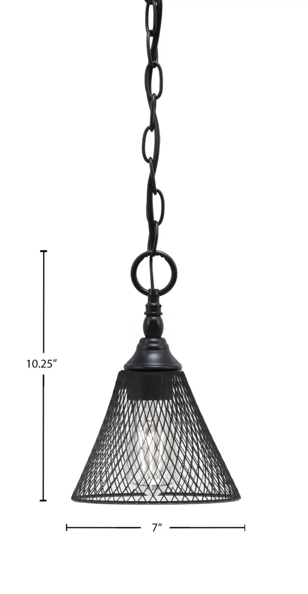 Toltec Lighting Chain Hung Mini Pendant with Matte Black Cone Mesh Shade - Image 2