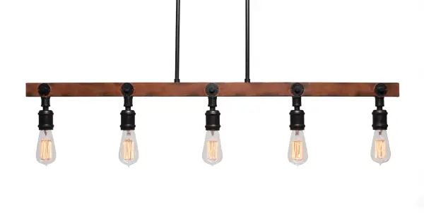 The Portland 5-Light Island Pendant combines painted wood-look metal with dark granite finish for authentic industrial-farmhouse appeal. Five amber antique bulbs provide warm ambient lighting perfect for kitchen islands and dining areas.