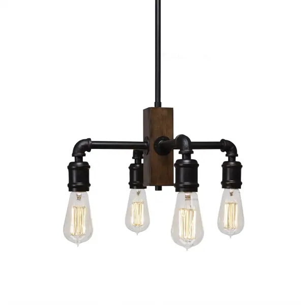The Portland 4-Light Chandelier delivers industrial-farmhouse style in a compact 14.5-inch footprint. Its painted wood-look metal and dark granite finish create visual warmth, while included amber antique bulbs add vintage character perfect for intimate dining spaces.