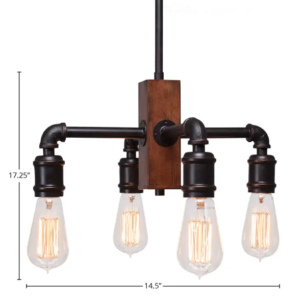 The Portland 4-Light Chandelier delivers industrial-farmhouse style in a compact 14.5-inch footprint. Its painted wood-look metal and dark granite finish create visual warmth, while included amber antique bulbs add vintage character perfect for intimate dining spaces. - alternate view