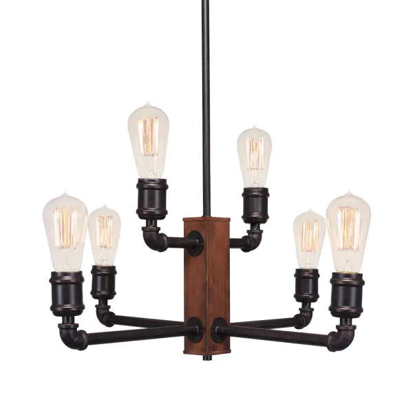 The Portland 6-Light Chandelier combines painted wood-look metal with dark granite finish for authentic farmhouse appeal. Amber antique bulbs create warm, inviting ambiance perfect for dining and living spaces.