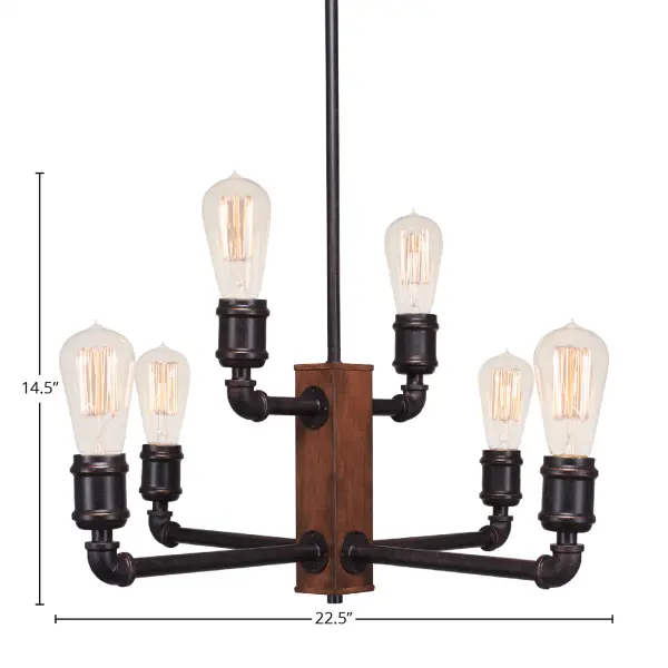 The Portland 6-Light Chandelier combines painted wood-look metal with dark granite finish for authentic farmhouse appeal. Amber antique bulbs create warm, inviting ambiance perfect for dining and living spaces. - alternate view