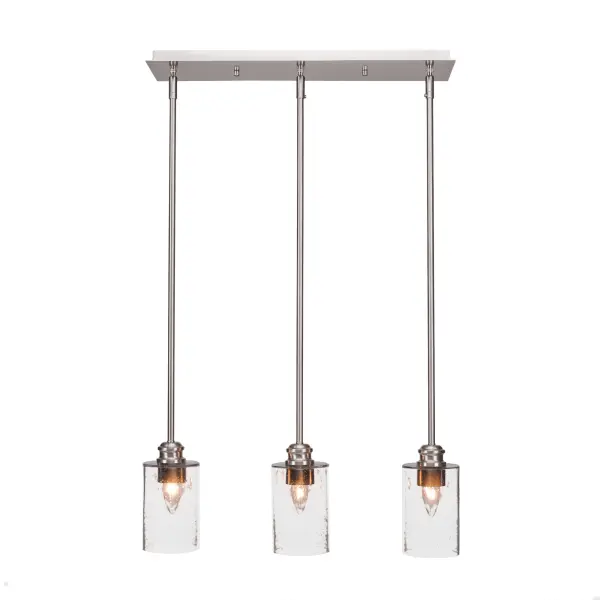 The Edge 3-Light Linear Pendant combines contemporary style with practical illumination. Its brushed nickel finish and clear bubble glass shades create visual interest while the compact 22-inch length makes it ideal for smaller spaces.