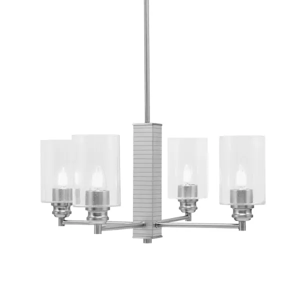 The Edge 4-Light Chandelier combines brushed nickel finish with distinctive clear bubble glass shades for a sophisticated look. Its uplight design and adjustable hanging height make it adaptable to various ceiling heights and room sizes.