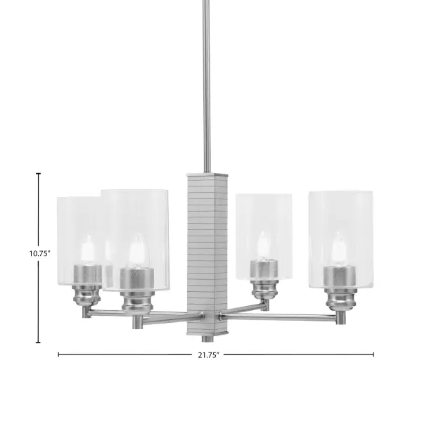 The Edge 4-Light Chandelier combines brushed nickel finish with distinctive clear bubble glass shades for a sophisticated look. Its uplight design and adjustable hanging height make it adaptable to various ceiling heights and room sizes. - alternate view