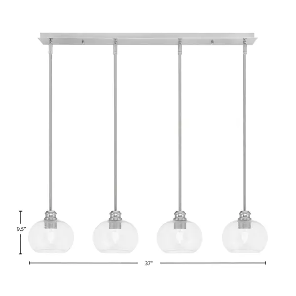 The Edge 4-Light Linear Pendant combines contemporary styling with versatile functionality. Its brushed nickel finish and clear bubble glass shades create visual interest while providing excellent illumination for dining and task areas. - alternate view
