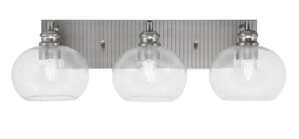 The Edge 3 Light Bath Bar combines sleek brushed nickel with distinctive clear bubble glass shades for a contemporary look. At 25 inches wide, it provides excellent task lighting with flexible up or down mounting options.