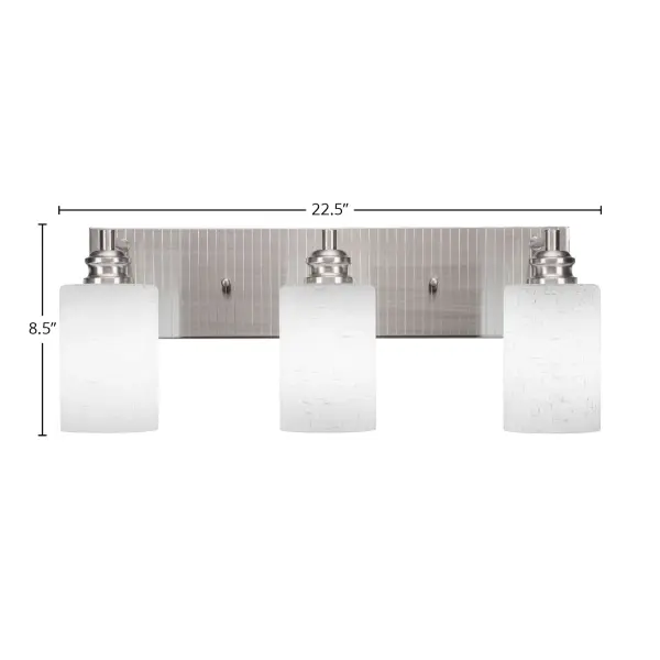 The Edge 3-Light Bath Bar combines brushed nickel elegance with soft white muslin glass diffusion. Its 22-inch span and reversible mounting make it adaptable to various bathroom sizes and mirror configurations. - alternate view