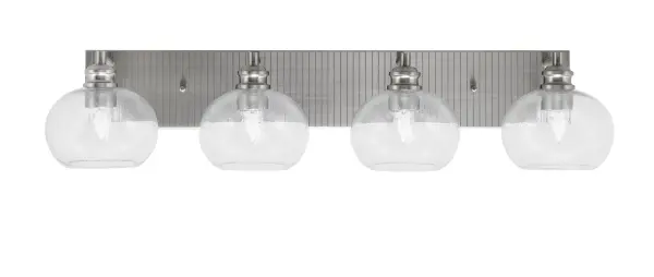 The Edge 4 Light Bath Bar combines contemporary styling with practical functionality. Its brushed nickel finish and unique bubble glass shades create visual interest while providing ample illumination for bathroom tasks.