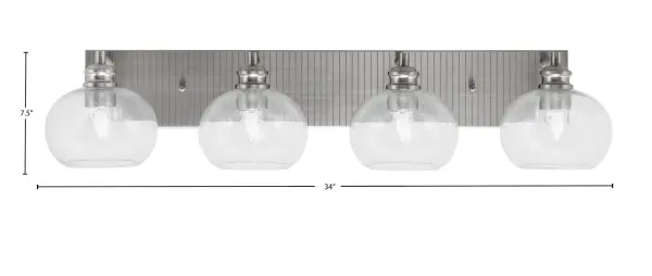 The Edge 4 Light Bath Bar combines contemporary styling with practical functionality. Its brushed nickel finish and unique bubble glass shades create visual interest while providing ample illumination for bathroom tasks. - alternate view