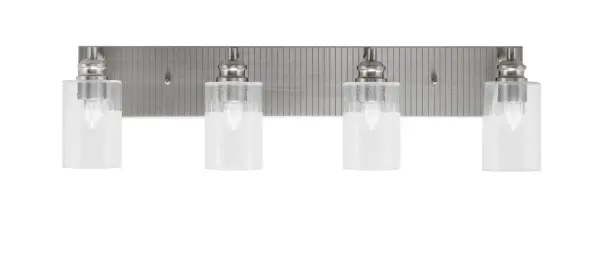 The Edge 4 Light Bath Bar combines contemporary design with practical functionality. Its 31-inch span and brushed nickel finish create a sophisticated look, while clear bubble glass shades provide soft, inviting illumination perfect for bathroom vanities.