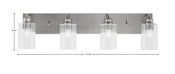 The Edge 4 Light Bath Bar combines contemporary design with practical functionality. Its 31-inch span and brushed nickel finish create a sophisticated look, while clear bubble glass shades provide soft, inviting illumination perfect for bathroom vanities. - alternate view
