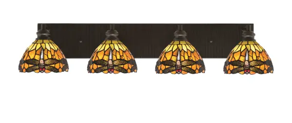 The Edge 4 Light Bath Bar combines sophisticated espresso finish with handcrafted amber dragonfly art glass, creating a stunning focal point for any bathroom. Its generous 34-inch width provides excellent illumination.
