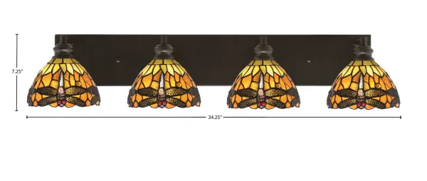 The Edge 4 Light Bath Bar combines sophisticated espresso finish with handcrafted amber dragonfly art glass, creating a stunning focal point for any bathroom. Its generous 34-inch width provides excellent illumination. - alternate view