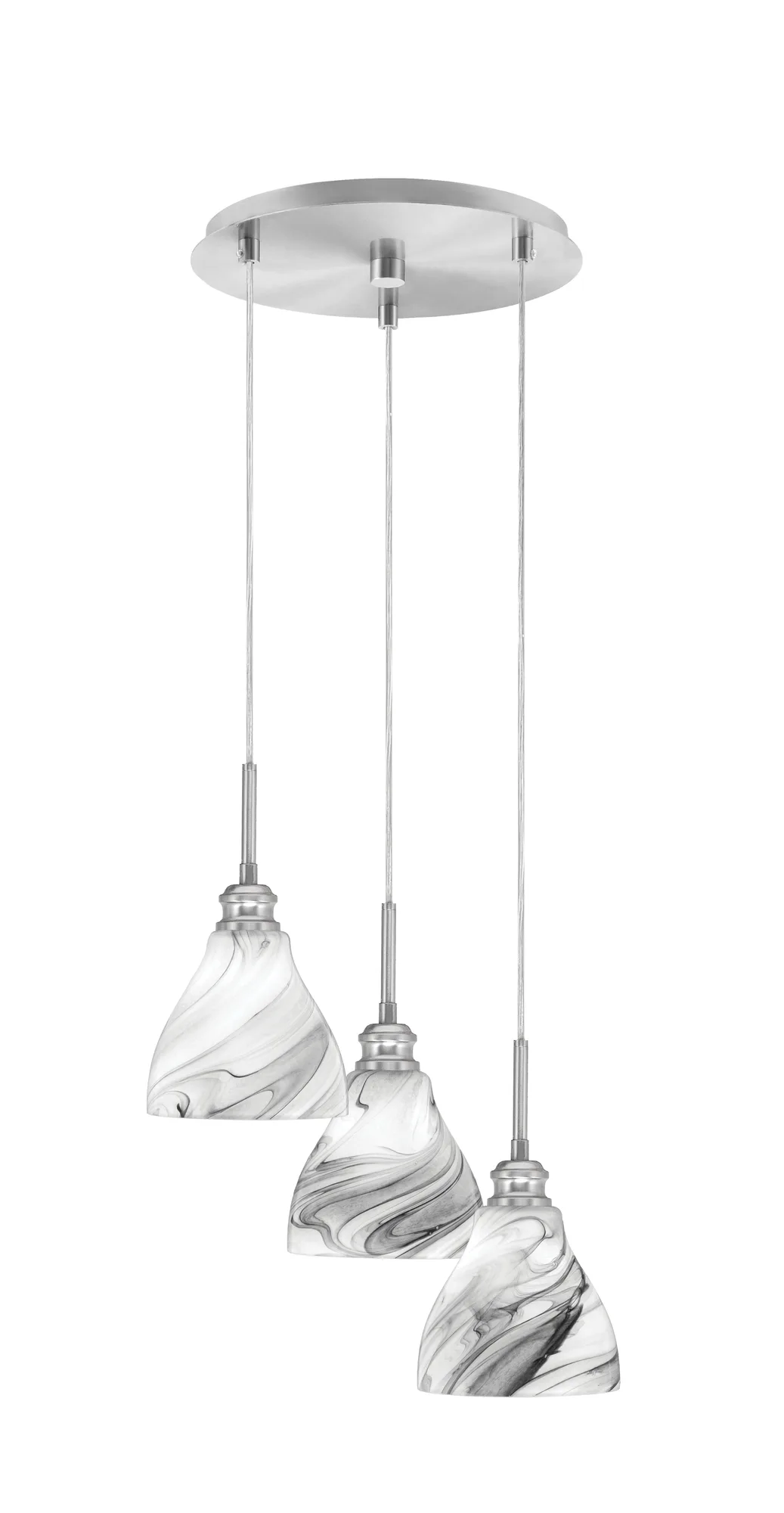 Edge 3-Light Cluster Pendant in Brushed Nickel with Onyx Swirl Glass