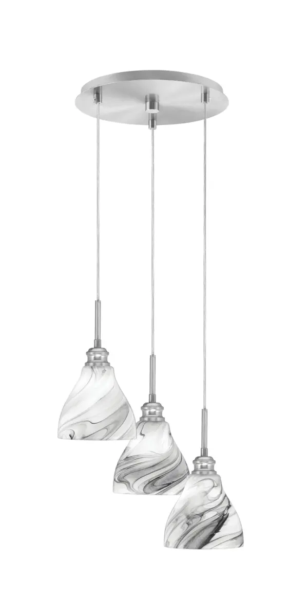 Edge 3-Light Cluster Pendant in Brushed Nickel with Onyx Swirl Glass