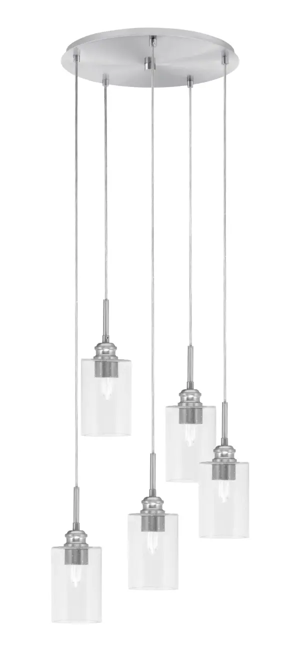 The Edge cluster pendalier combines contemporary style with practical versatility. Five adjustable cords allow custom configurations, while clear bubble glass shades add textural interest. Brushed nickel finish complements modern and transitional spaces.