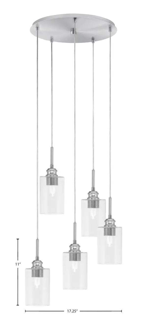 The Edge cluster pendalier combines contemporary style with practical versatility. Five adjustable cords allow custom configurations, while clear bubble glass shades add textural interest. Brushed nickel finish complements modern and transitional spaces. - alternate view