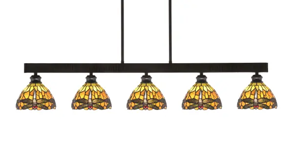 Edge 5-Light Island Pendant in Espresso with Amber Dragonfly Glass - Image 1