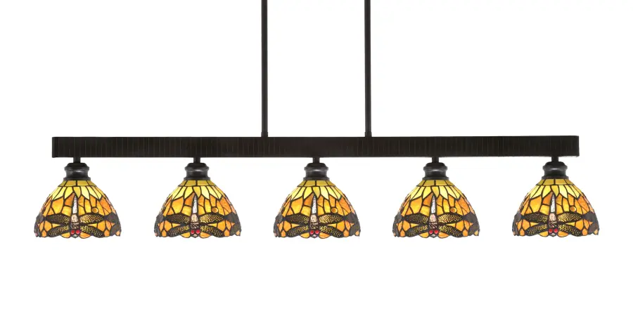 Edge 5-Light Island Pendant in Espresso with Amber Dragonfly Glass - Image 1