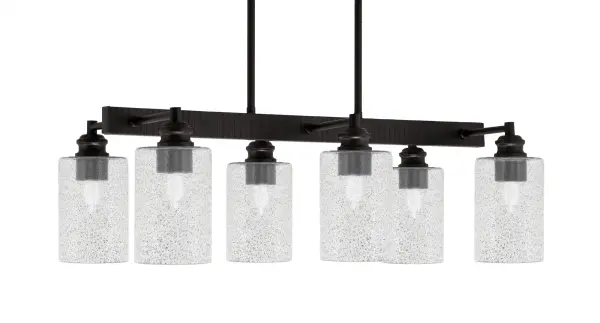 The Edge Island Bar combines an espresso finish with smoke bubble glass for a sophisticated look. With adjustable hanging height and sloped ceiling compatibility, this 6-light fixture provides excellent illumination for kitchen islands and dining areas.