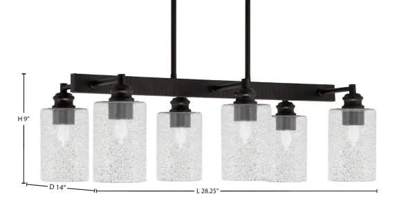 The Edge Island Bar combines an espresso finish with smoke bubble glass for a sophisticated look. With adjustable hanging height and sloped ceiling compatibility, this 6-light fixture provides excellent illumination for kitchen islands and dining areas. - alternate view