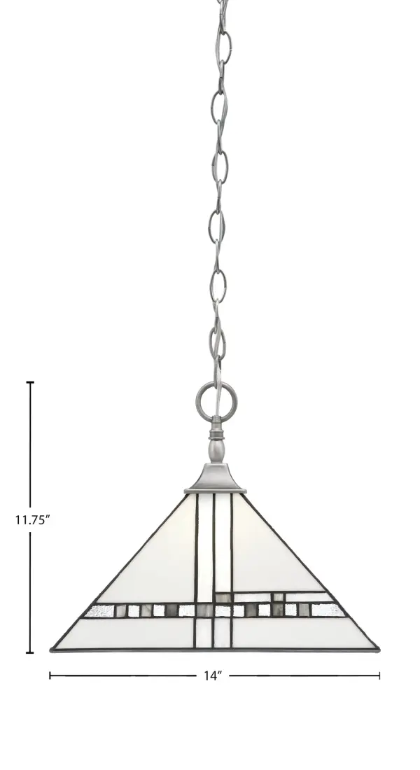 This stunning chain hung pendant combines Art Deco elegance with modern versatility. The 14-inch New Deco art glass shade paired with brushed nickel finish creates a sophisticated focal point perfect for dining areas and entryways. - alternate view