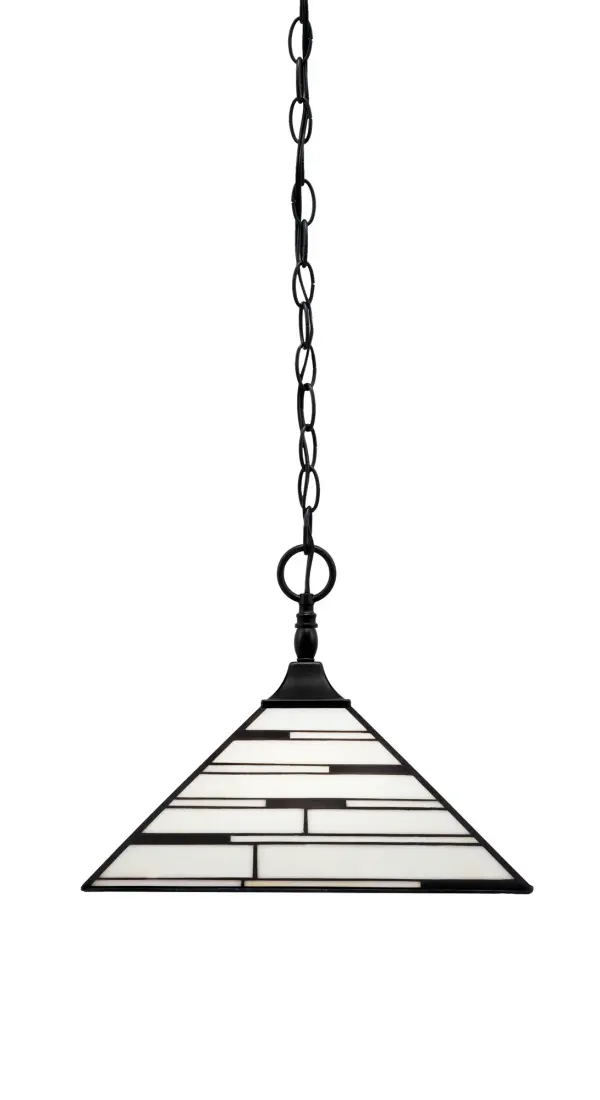 This sophisticated chain hung pendant features striking Pearl Ebony art glass in a 14-inch shade with matte black finish. Highly adjustable with 7 feet of chain and multiple stem sections, it works on sloped ceilings and offers dimmable lighting.