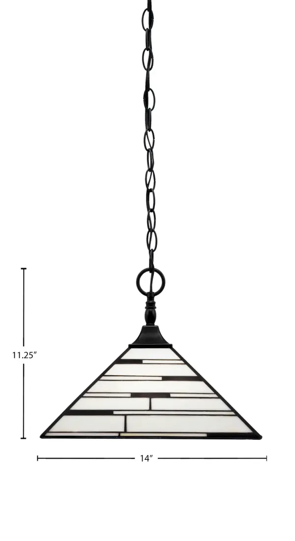 This sophisticated chain hung pendant features striking Pearl Ebony art glass in a 14-inch shade with matte black finish. Highly adjustable with 7 feet of chain and multiple stem sections, it works on sloped ceilings and offers dimmable lighting. - alternate view